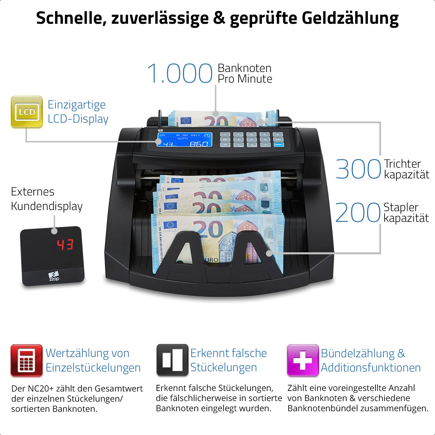 ZZap NC20+ Banknotenzähler & Falschgeld-Detektor - Banknotenzählmaschine Geldzählmaschine Geldzähler