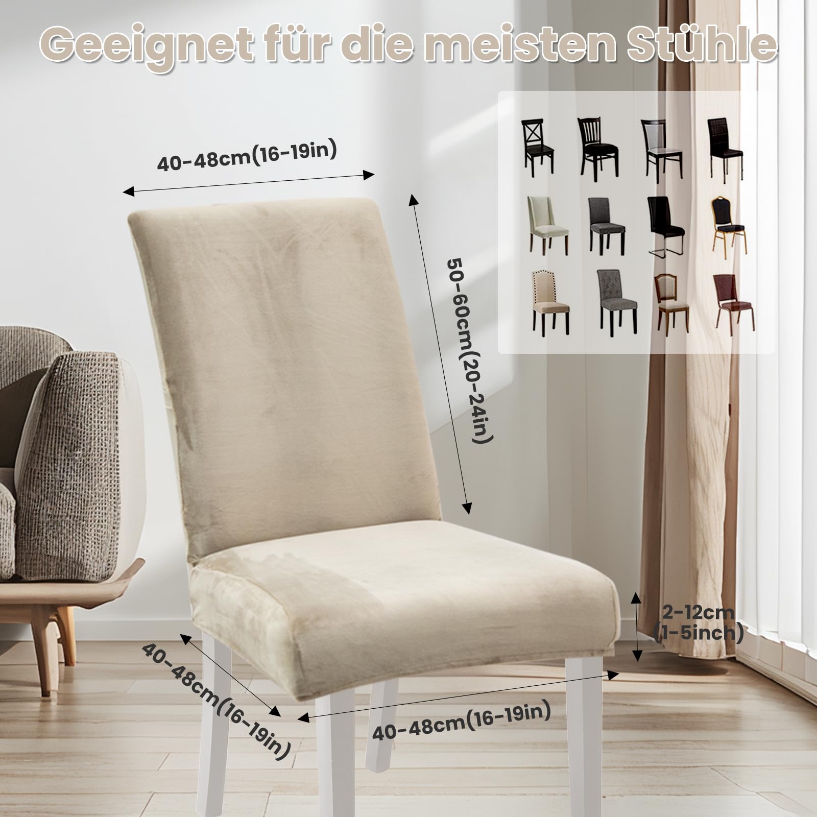Stuhlhussen Samt 6er Set, Hussen Für Stühle, Stretch Stuhlbezug, Champagne | Universell Stuhlhussen Schwingstühle, Waschbarer Stühle Schutz Für Esszimmer Küche Restaurant Hotel Bankett Hochzeit Party