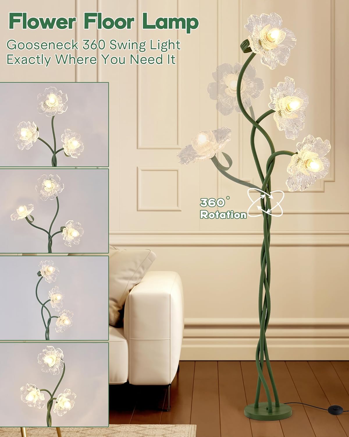 Flower Floor Lamp for Living Room, 3 Light Floor Lamps with Adjustable Gooseneck, Standing Lamp for Bedroom with 3 Color Temperatures, Tall Corner Floor Lamp for Living Room, Bedroom—Green