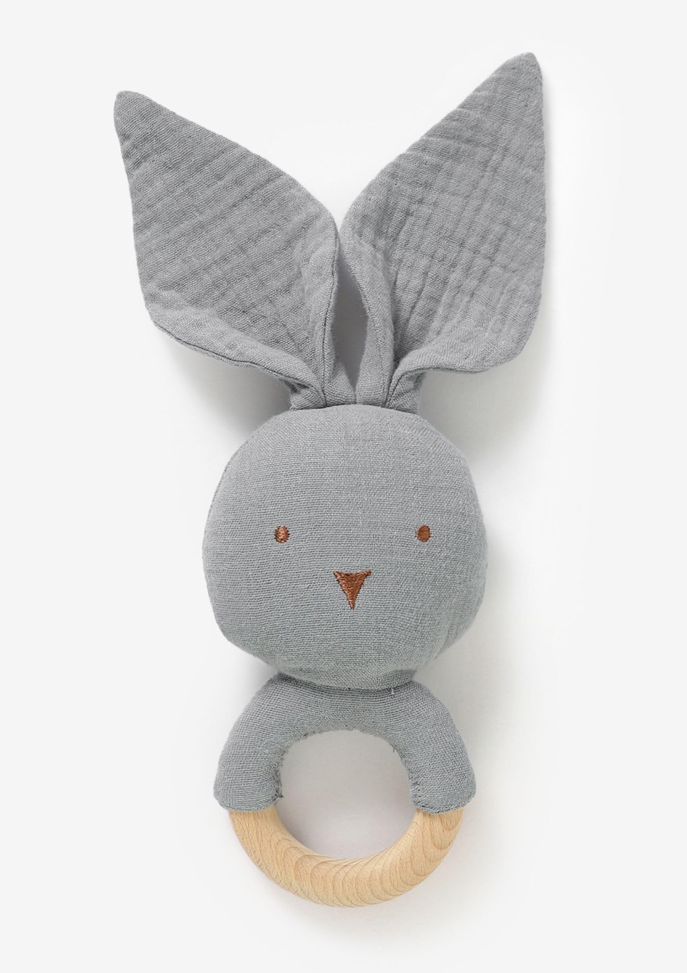 Blumie Baby Bunny Rattle Toy, Organic Cotton & Wooden Ring Teether, Soft Fabric Ears, 0-6 Months, (Cloud Grey)
