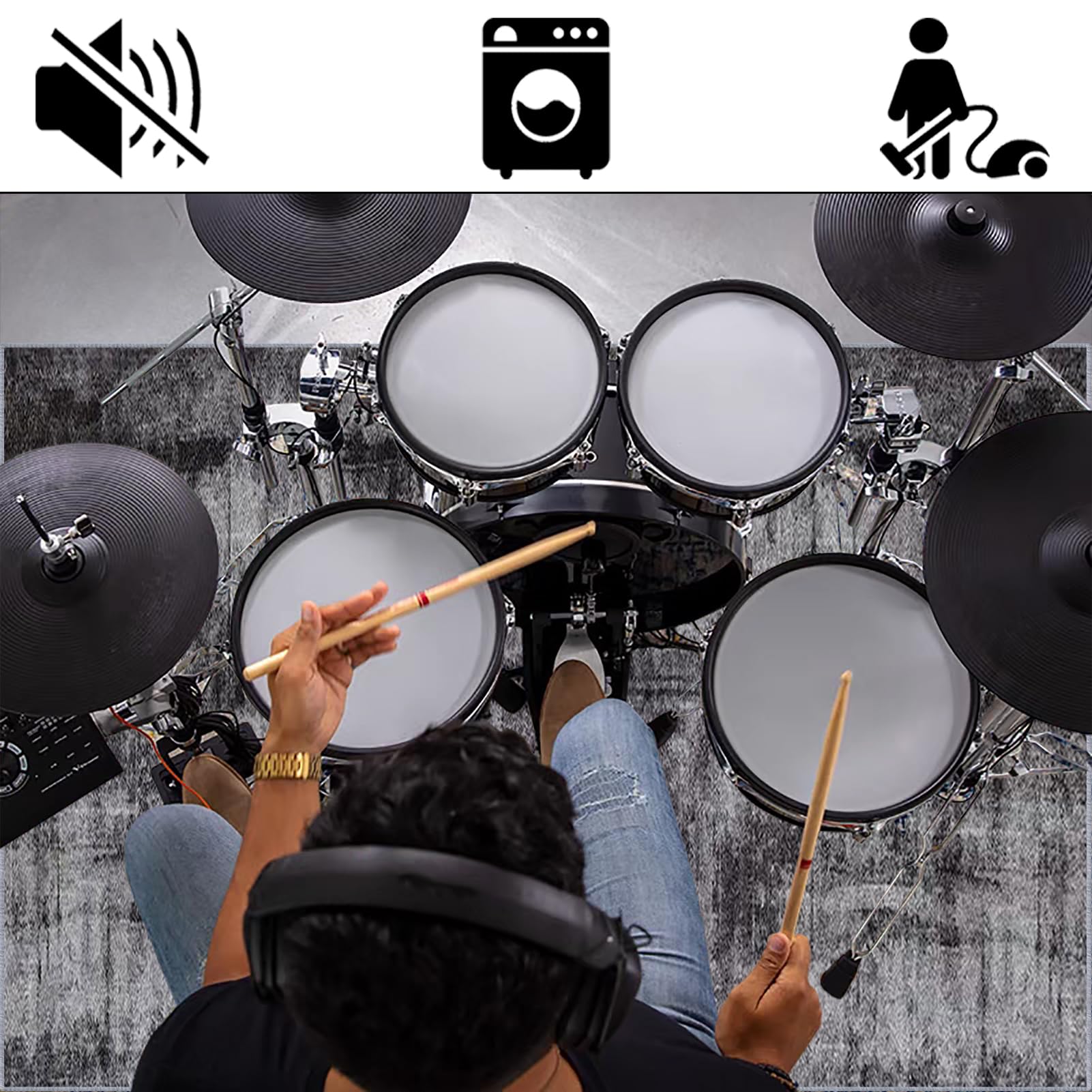 Tappetino Insonorizzato Batteria, Tappeto Antiscivolo Batteria Elettronica, Tappeto per Batteria, Carpet Drum Mat, Tappeto Professionale per Batteria e Strumenti a Percussione 160 x 140 cm