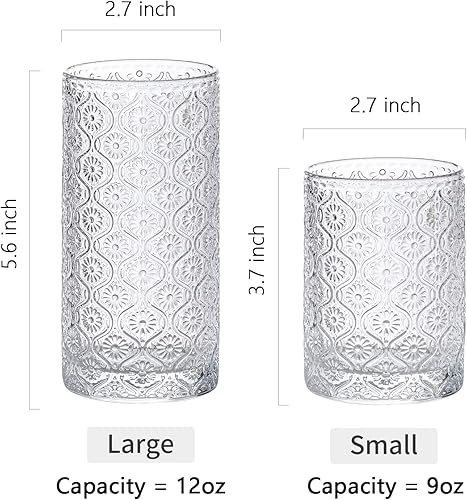 Miniatura 2 de Juego de 4 vasos de vidrio vintage, vasos para beber de 12.5 onzas, estilo estampado en relieve, juego de vasos de cóctel transparentes, para café