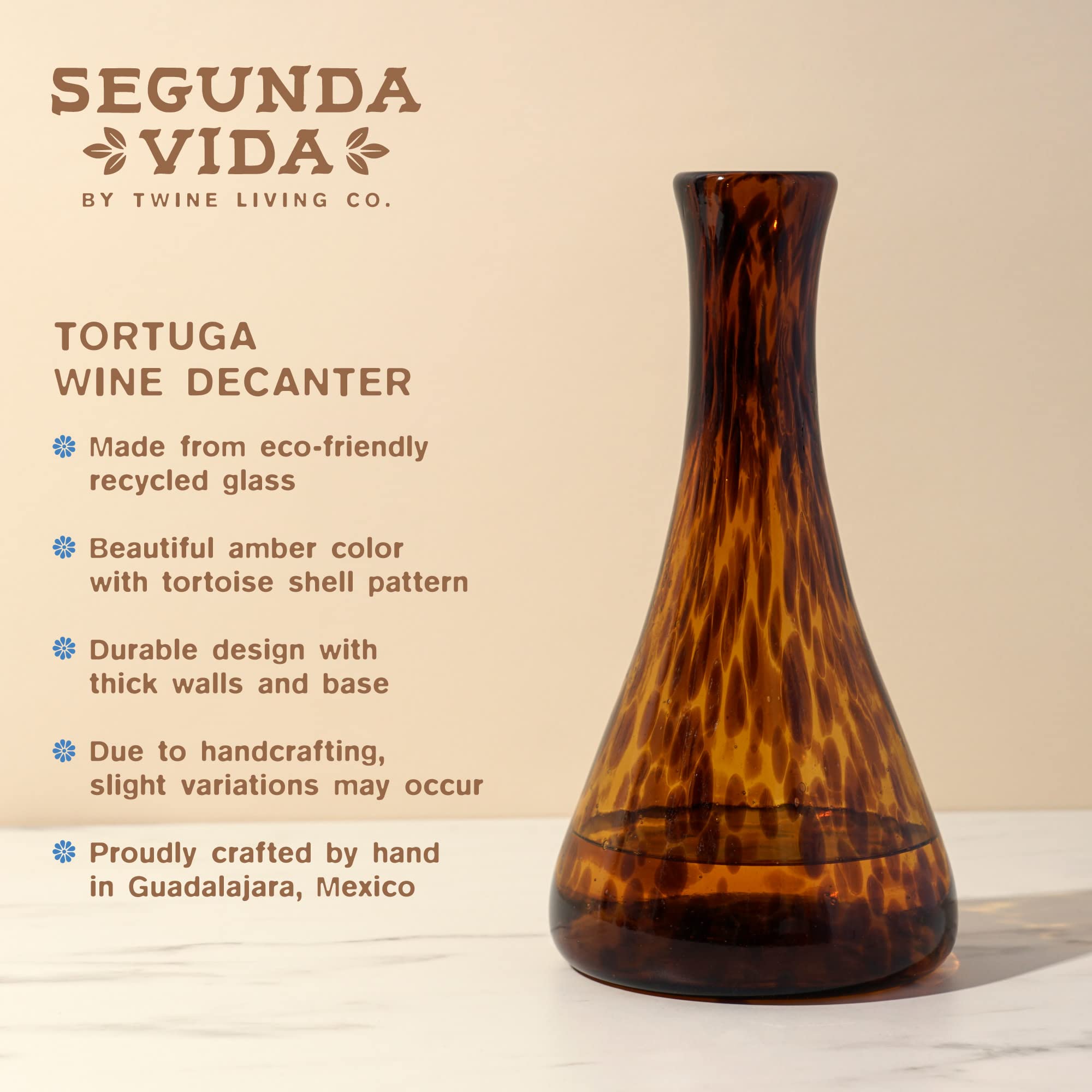 Segunda Vida Tortuga Tortoise Shell colored Decanter - Hand Blown Decanter 100% Recycled Glass Wine Carafe - Amber Fits 1 Standard Wine Bottle, 50oz, Set of 1