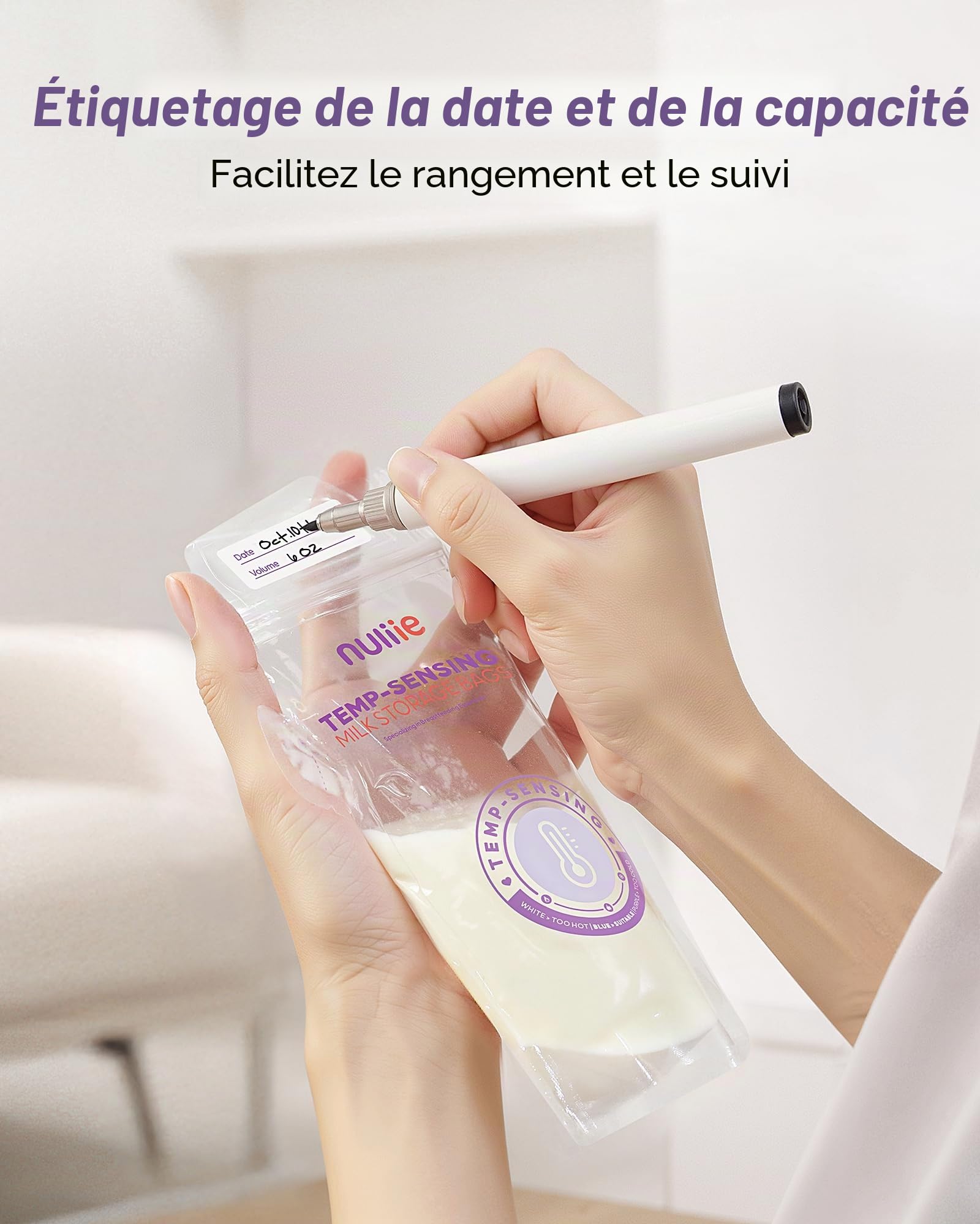 Nuliie Lot de 120 sacs de rangement pour lait maternel à détection de température, grande icône de détection de température et pince de verrouillage, sacs de stockage de lait maternel de 170,1 g avec