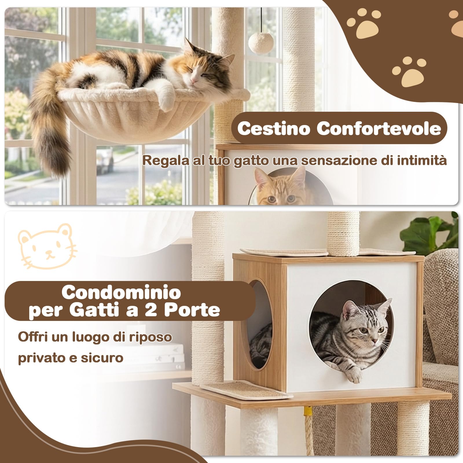 COSTWAY Albero per Gatti Moderno Alto 148 cm, Tiragraffi per Gatti con Tiragraffi in Sisal, Condo, Ampio Trespolo, Cesto, Giocattolo, Moquette e Cuscini Lavabili, Grande Torre da Arrampicata in Legno