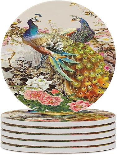 Miniatura 17 de Square-4 posavasos de cerámica de pavo real, posavasos cuadrados absorbentes para bebidas, estilo vintage de acuarela floral, hermosos posavasos