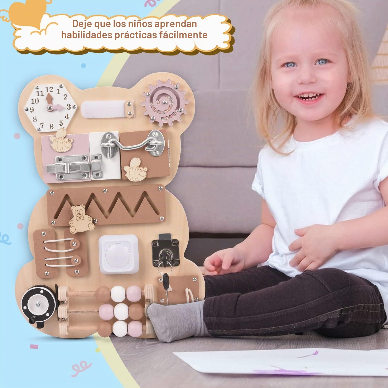 Tablero Ocupado Montessori, Busy Board Montessori Panel sensorial Educativo Finas y Habilidades básicas Tablero Sensoriales para 1/2/3 años