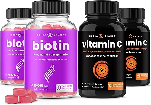 NutraChamps Gomitas de biotina (paquete de 2) y cápsulas de vitamina C (paquete de 2) paquete de 4 unidades