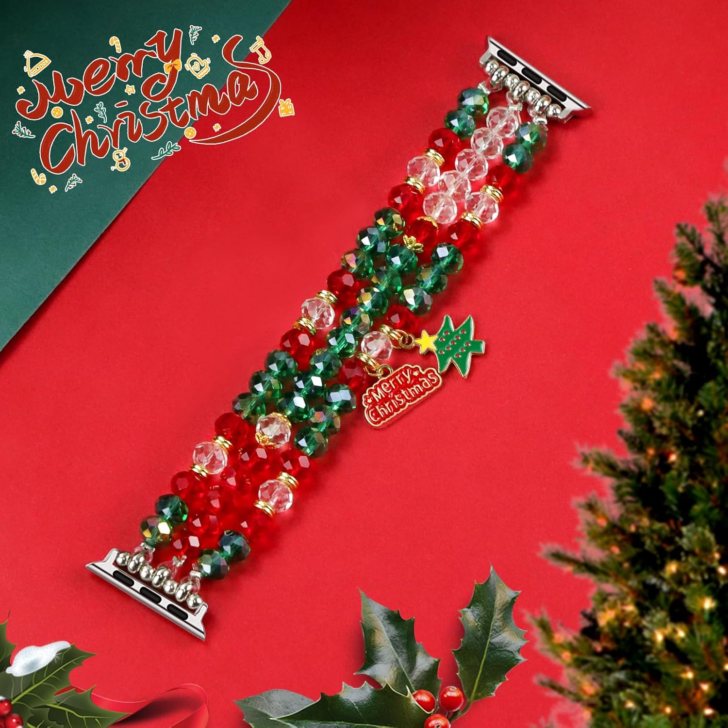 Christmas Crystal Beaded Bracelet Engraved Silicone Band Bundle Compatible with Apple Watch 38mm 40mm 41mm 42mm 44mm 45mm 46mm 49mm for Women for iWatch Series 10/9/8/7/6/5/4/3/2/1/SE/Ultra
