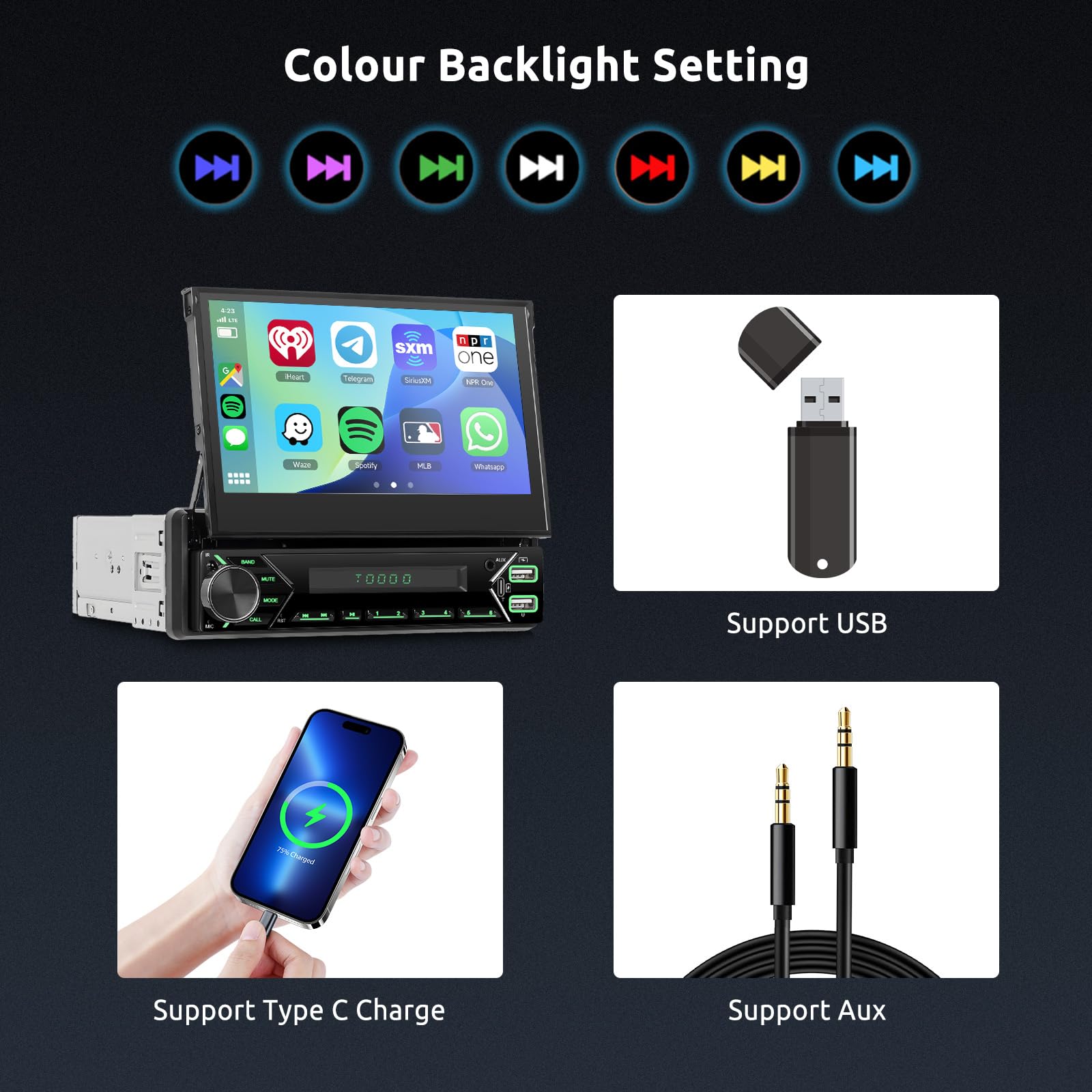 Hodozzy 2G+64G Android Radio Coche 1 DIN con Pantalla Retráctil con Inalambrico Carplay Android Auto Mirror Link, GPS, 7 Pulgadas HD Pantalla Reproductor MP5 WiFi USB/AUX EQ/RDS/FM Radio Cámara