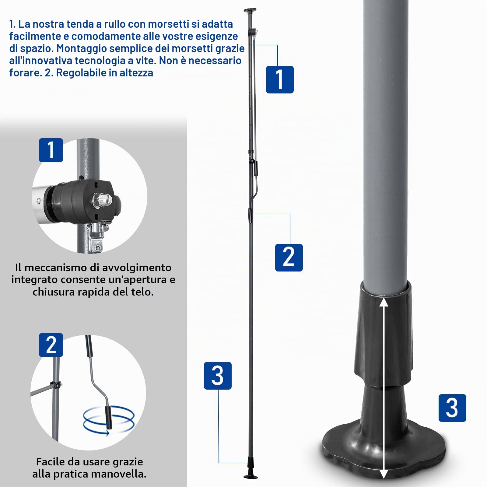 LEADZM Tenda da sole a morsetto, larghezza 250 cm, senza foratura, impermeabile, resistente ai raggi UV, regolabile in altezza con manovella, per terrazza, balcone, giardino, negozio, nero