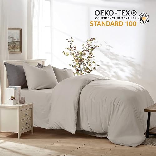 Miniatura 2 de NEXHOME PRO Juego de funda de edredón de algodón orgánico de punto jersey  Queen gris claro, 3 piezas, suave y transpirable, funda de edredón de