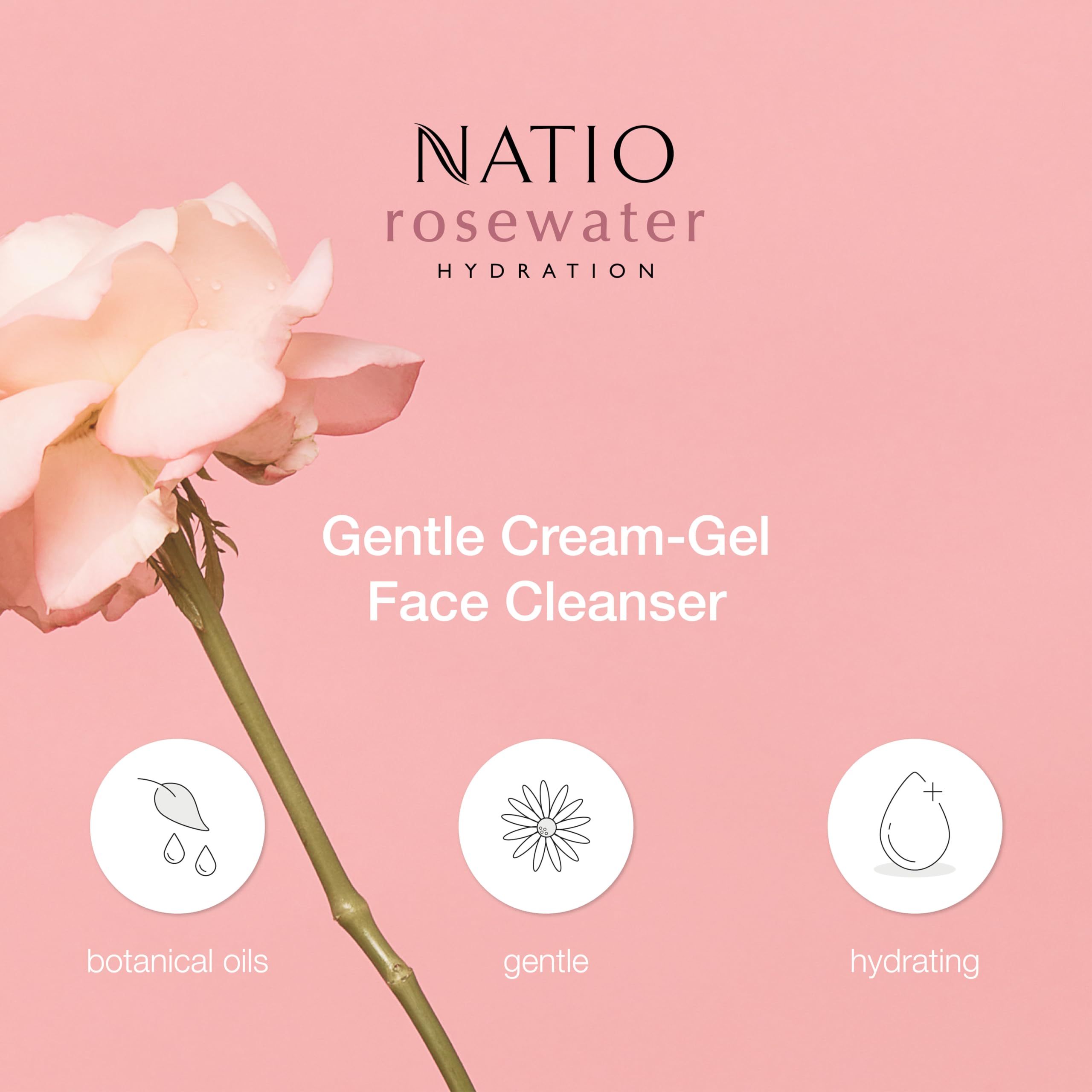 Natio Australia Rosewater Hydration Gentle Cream-Gel limpiador facial, 100 ml, limpiador facial con agua de rosas, lavado facial de tamaño de viaje para todo tipo de piel