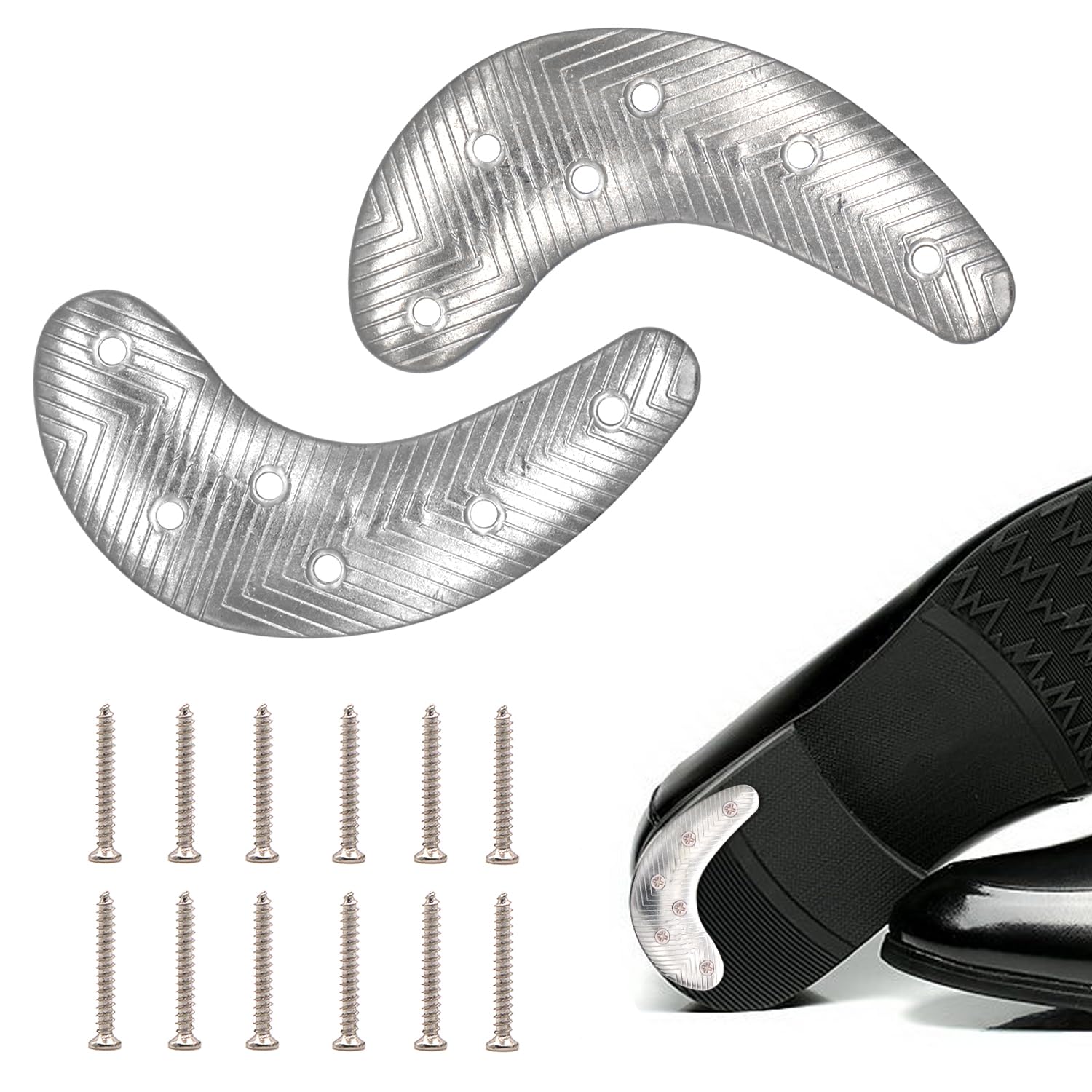 Metal Heel Plates 1 Pairs Sole Repair Kit with Nails Shoes Heel Taps Tips Repair Pad for Shoes and Boot (Half Moon Heel Sole)