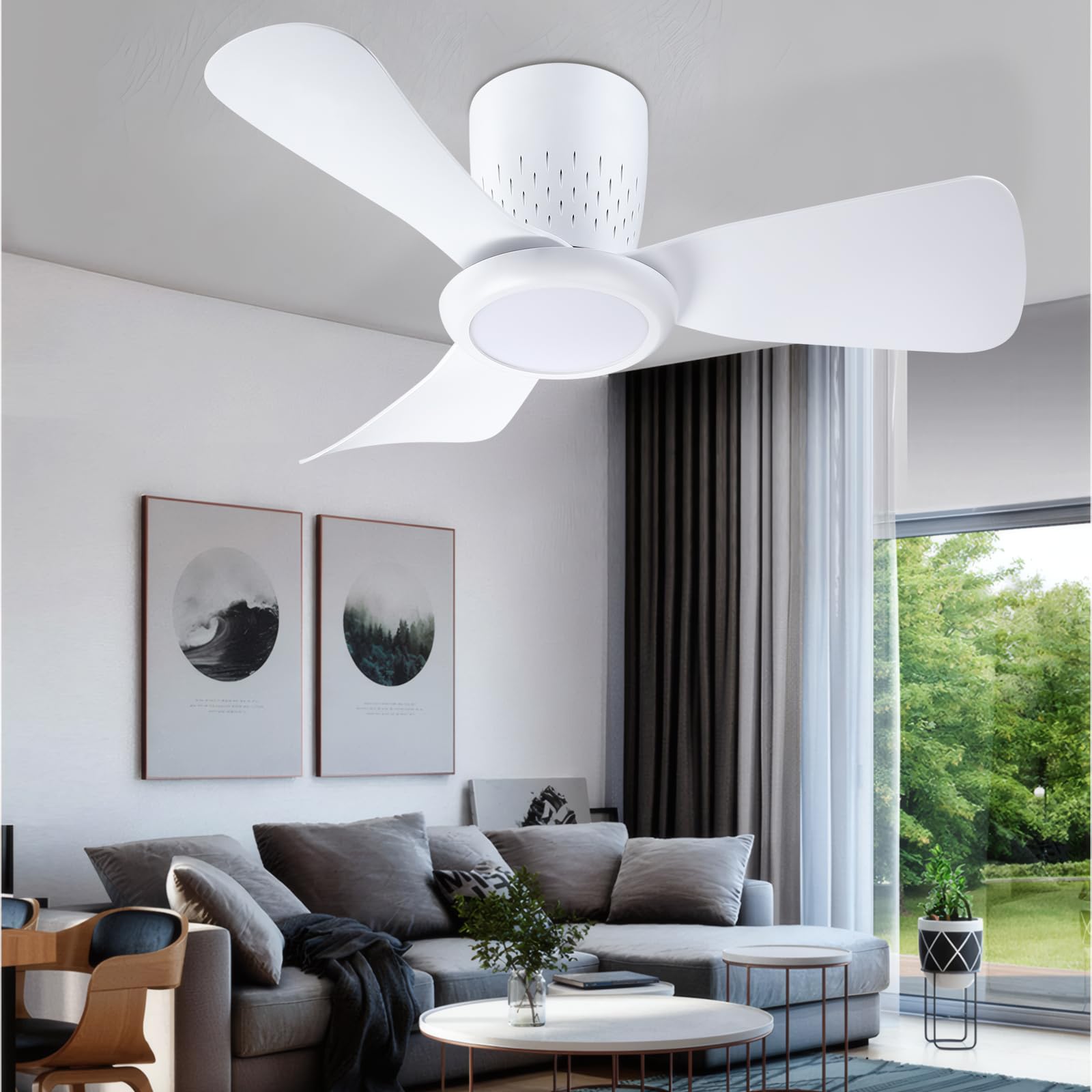 activeallbrite Ventilador de Techo, 15W LED, Motor DC 20W, 6 Velocidades, Ultra silencioso, Función Verano-Invierno, Temporizador, 3 temperaturas de luz, Ø71CM.