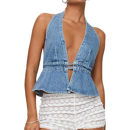 Women Y2K Denim Vest Vintage Sexy Sleeveless Backless Tie Back Tank Top Halterneck Jean Vest Top Streetwear