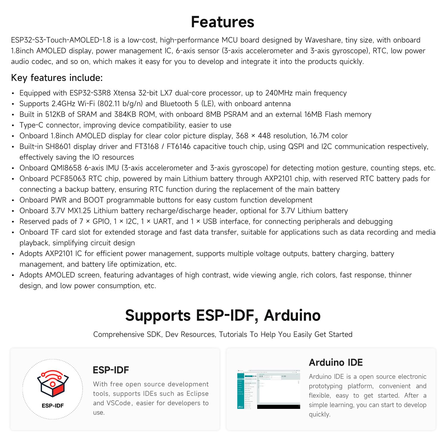 Waveshare ESP32-S3 1.8inch AMOLED Touch Display Development Board, 32-Bit LX7 Dual-Core Processor, 368x448, Accelerometer&Gyroscope Sensor, ESP32 With Display, Support 3.7V Li Battery(NOT Included)