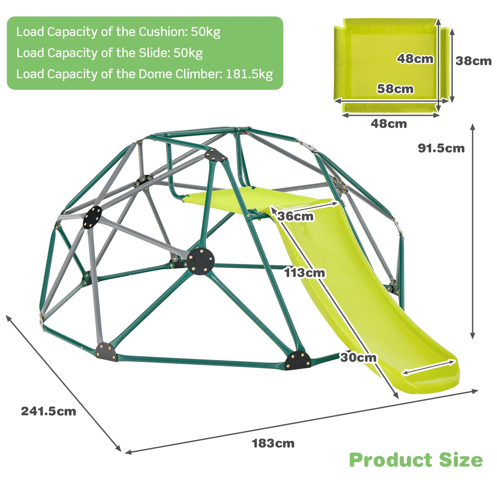 HOMASIS Struttura da Arrampicata per Bambini da Giardino a Cupola, Parco Giochi Esterno con Scivolo e Sedile, Scala da Arrampicata per Bambini dai 3+ Anni, Portata fino a 280 kg (Grigio + Verde)