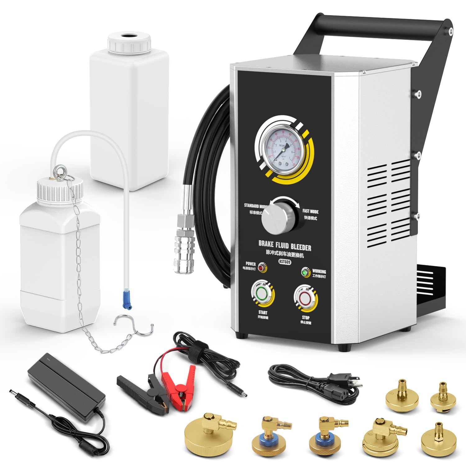 AST609 Automatic Brake Bleeder Kit,110V Automotive Brake Fluid Oil Exchanger Machine,Pulse Brake Bleeder Vacuum Pump kit with 7 Master Cylinder Adapter,Standard & Fast Mode,One-Person Operation