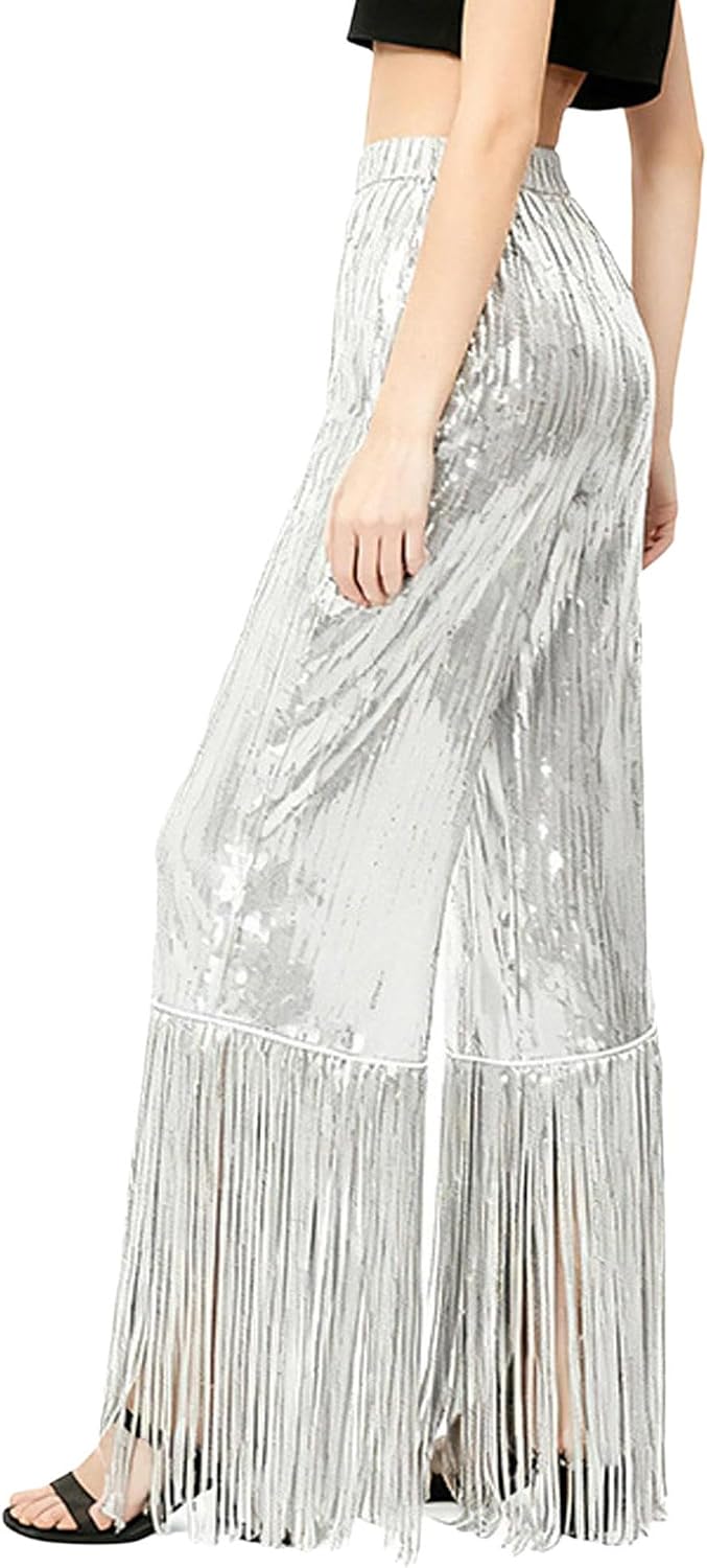 Hularka Sequin Fringe Pants for Women Latin Jazz Dance Costumes Tassel Dance Pants for Stage Party