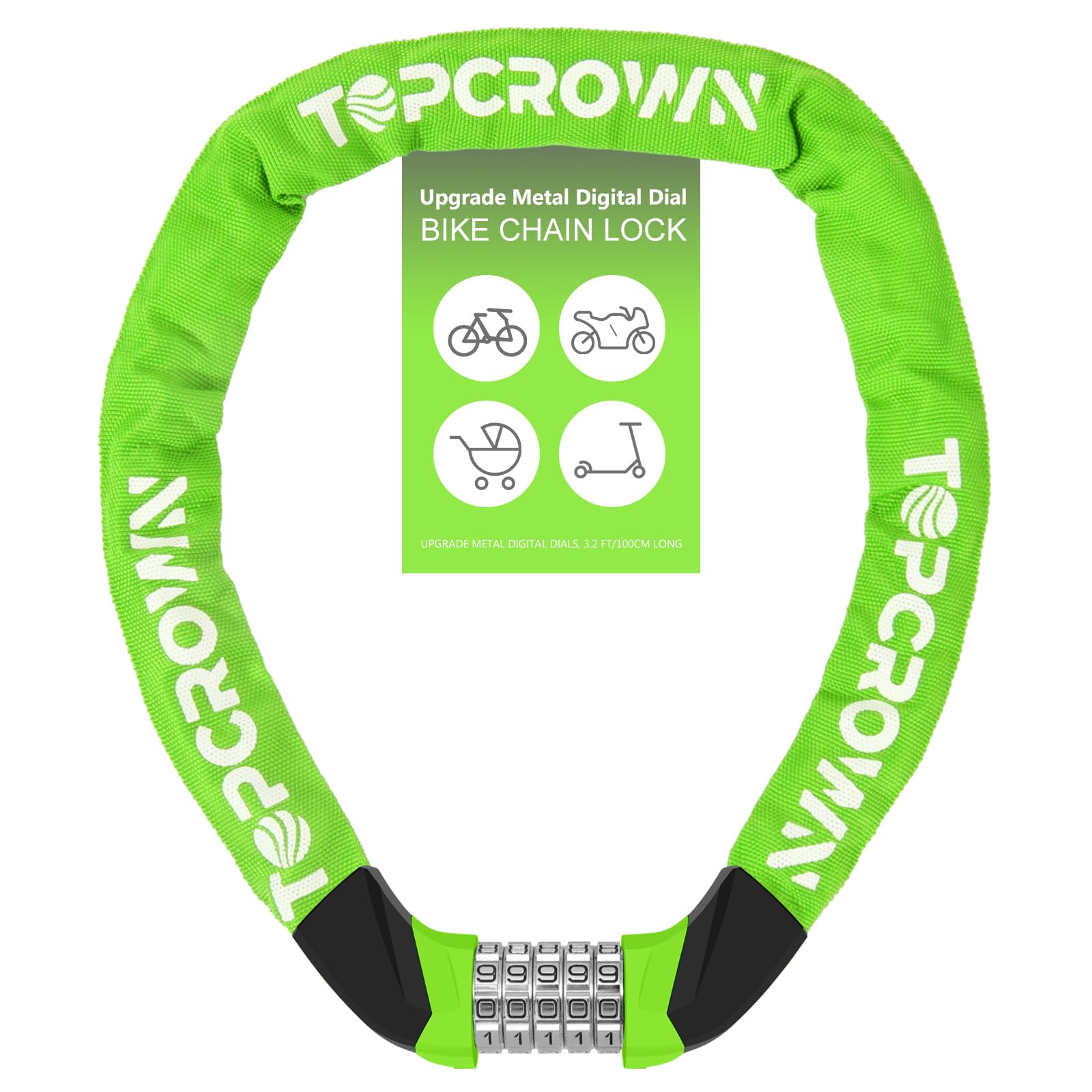 Bike Lock Upgrade Metal Digital Dials 3.2 ft Long High Security Heavy Duty Anti Theft Bike Chain Lock, 5 Digit Combination Keyless Bicycle Lock for Bike/Electric Scooter/Ebike/Motorcycle