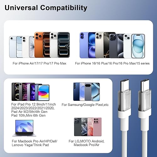 Miniatura 7 de Cable USB C a USB C de 6 pies 100 W, cable de carga rápida tipo C para iPhone 17 16 Pro Max 16E 15/iPad Pro 10 11th Air MacBook, para Samsung S25
