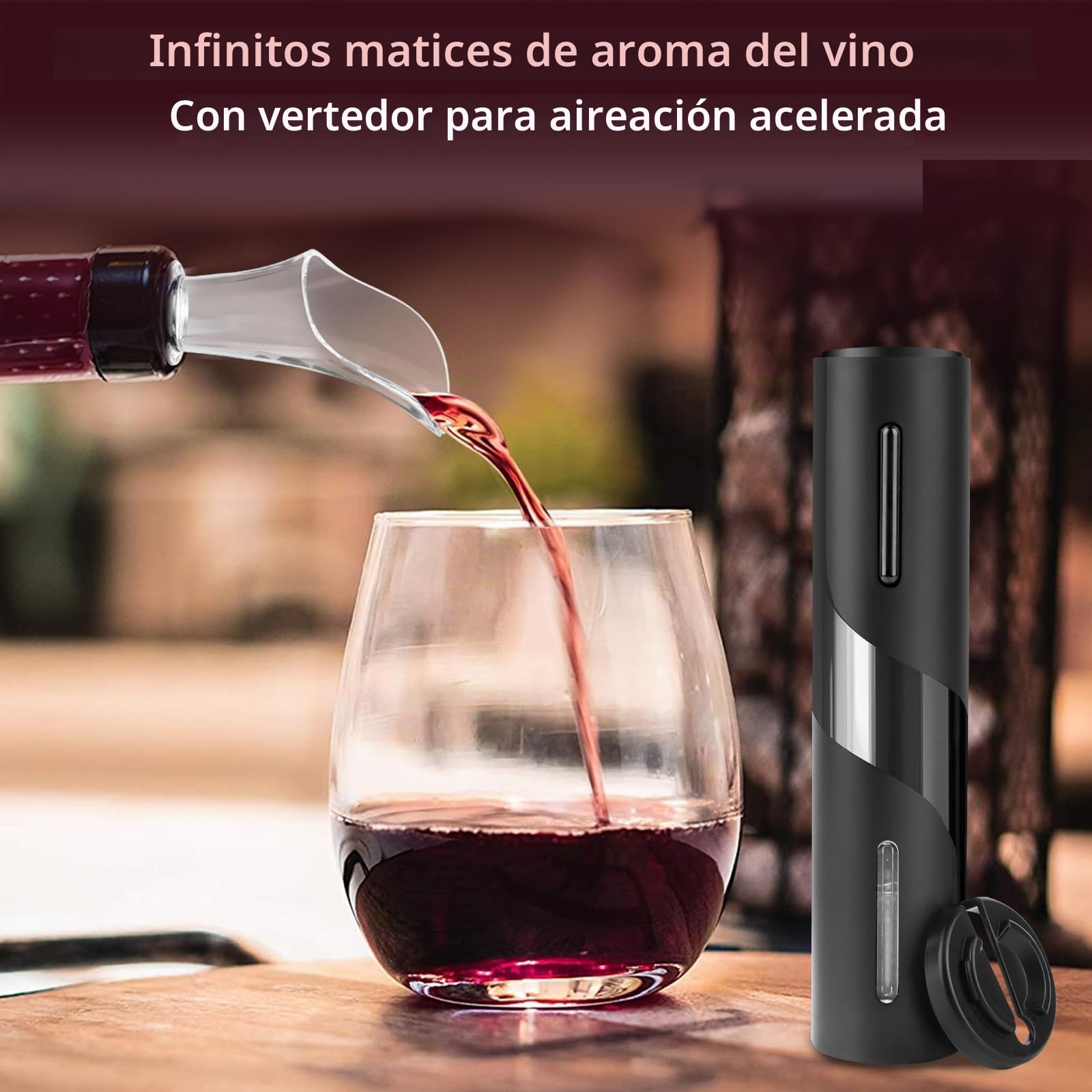 Sacacorchos Eléctrico Portátil, Corta Cápsulas, Vertedor, Tapón de Vino y Cable de Carga USB, Ideal para Reuniones Familiares, Bares y Regalos