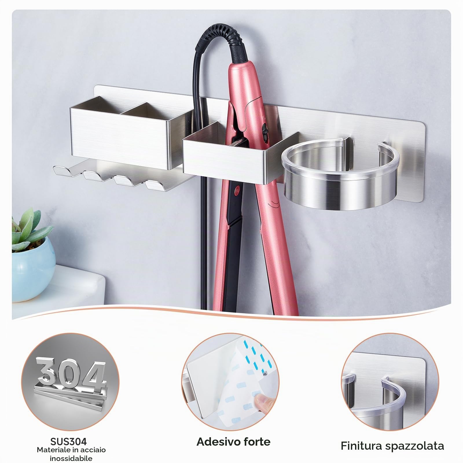 Porta phon e piastra, Porta phon da muro, Porta piastra per capelli, Porta asciugacapelli con 2 Scomparti E Supporto per Cavo, in acciaio inox Porta Phone Bagno da Muro, Supporto per asciugacapelli