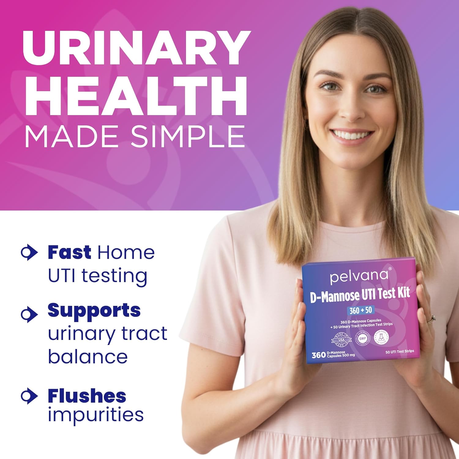 Pelvana D-Mannose UTI Kit for Women – UTI Test Strips & D-Mannose Supplement, At-Home Testing, Maintains Healthy Urinary Tract Balance, Flushes Impurities – 3 Bottles (120 Capsules) + 50 Test Strips