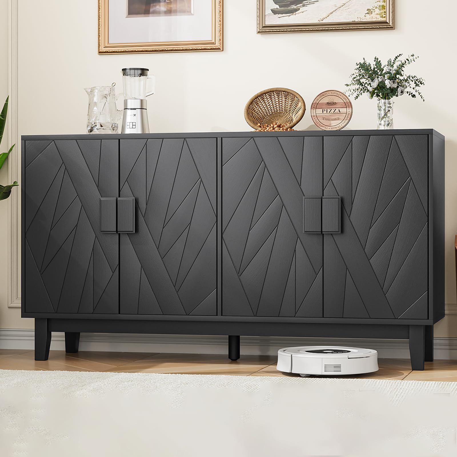 Morwdxef Modern Black 4-Door Sideboard Buffet Cabinet with Geometric Wood Doors | Adjustable Shelves, Large Console Table for Dining Room, Kitchen,