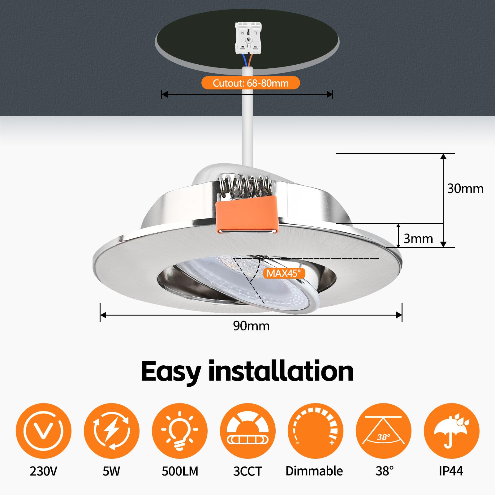 YindaLux 1x 3CCT Spots de Plafond Blanc - Extra plat & pivotant à 30