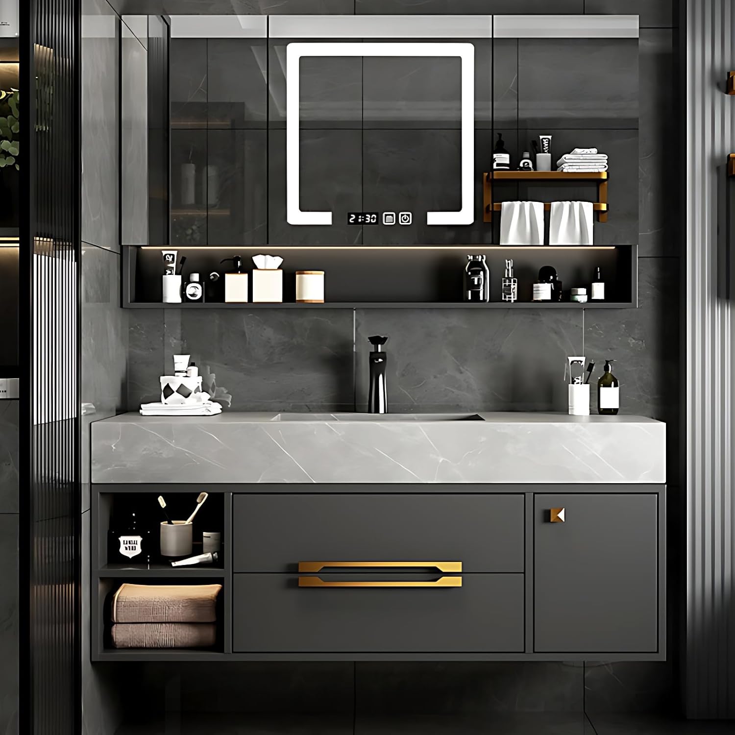 52IN Bathroom Cabinet with Sink – Modern Bathroom Vanity with 2 Drawers, Open Storage | Bathroom Vanity Sink Set with Elegant Style, Led Fog Removal Light Mirror, Grey