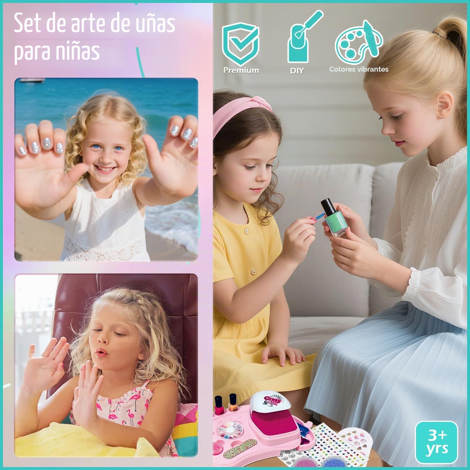 Set De Uñas Para Niñas De 16 Piezas Con Secador De Aire, 3 Esmaltes Y Accesorios | Kit De Salón De Belleza Infantil Para 3-12 Años | Regalo De Cumpleaños Y Navidad