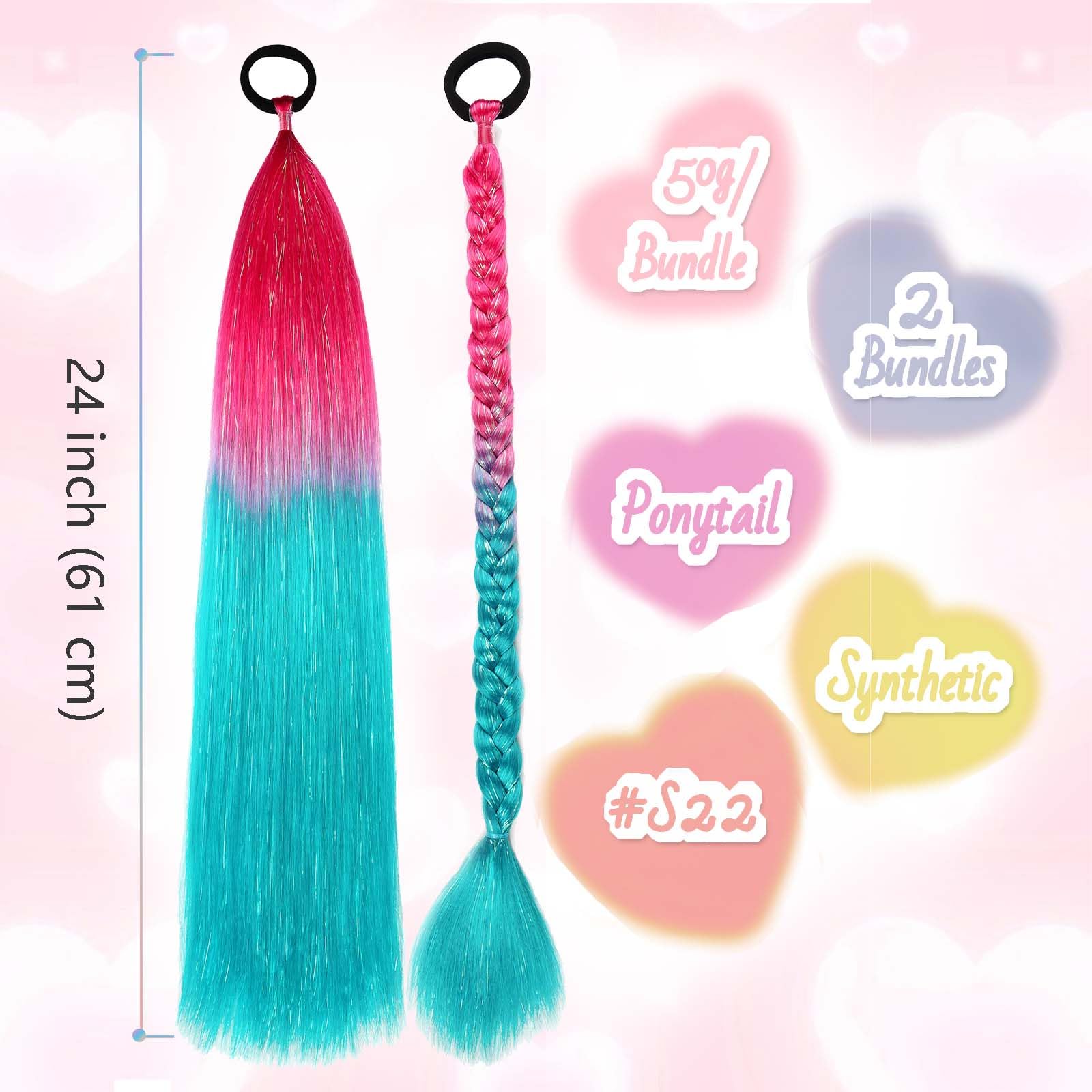 JIAMEISI Rainbow Ponytail Extensions with Hair Tie 2 Packs 50g/Pack Synthetic Coloured Hair Extensions for Braiding 24 inch Colorful Ombre Mermaid Pony Tail for Girl Women #S22 - Image 3