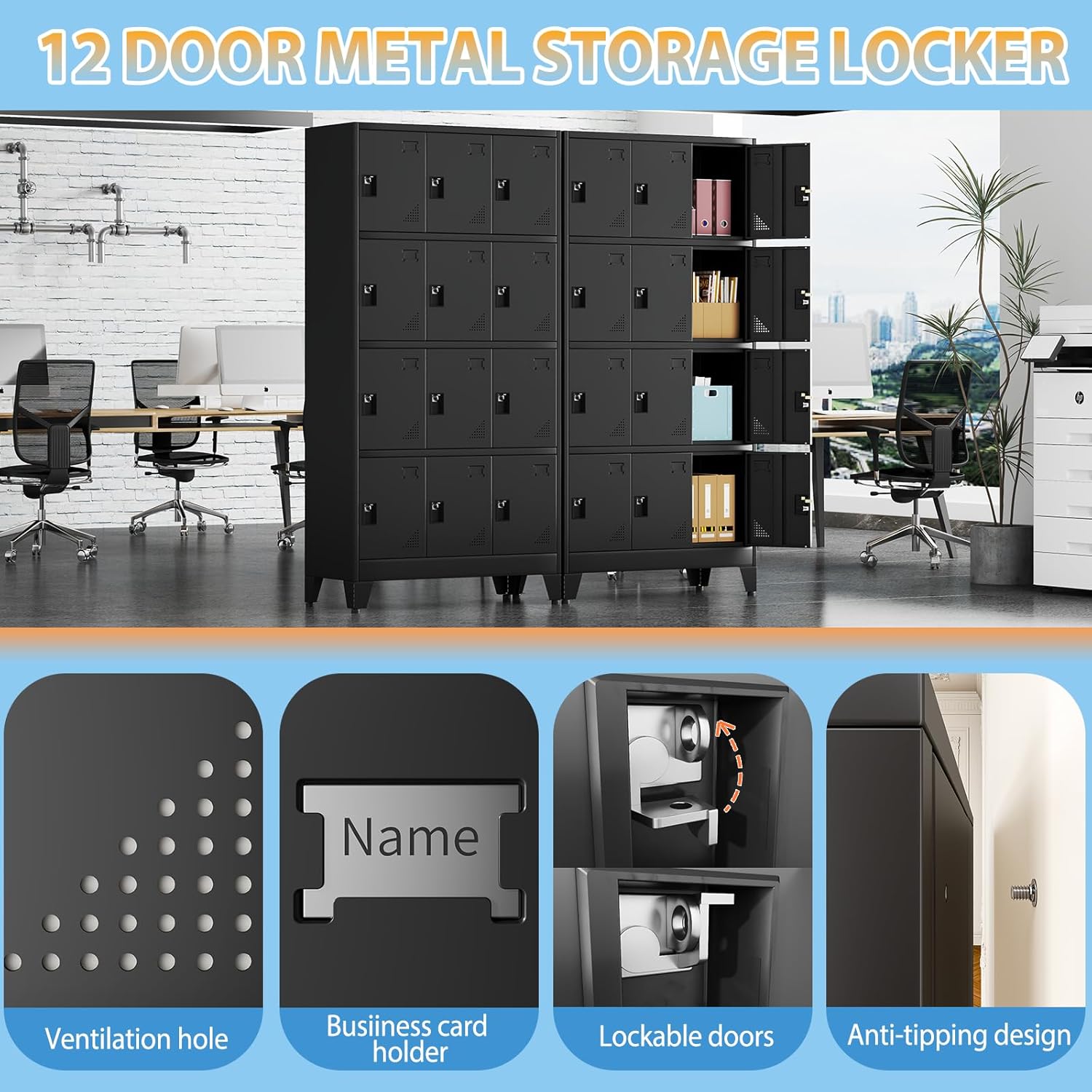 GAIOUS Metal Locker with 12 Lockable Doors, Lockers for Employees, Steel Locker Cabinet for Gym, Office Locker Organizer with Busiiness Card Holder, Storage Locker for Office Garage School (One Unit)