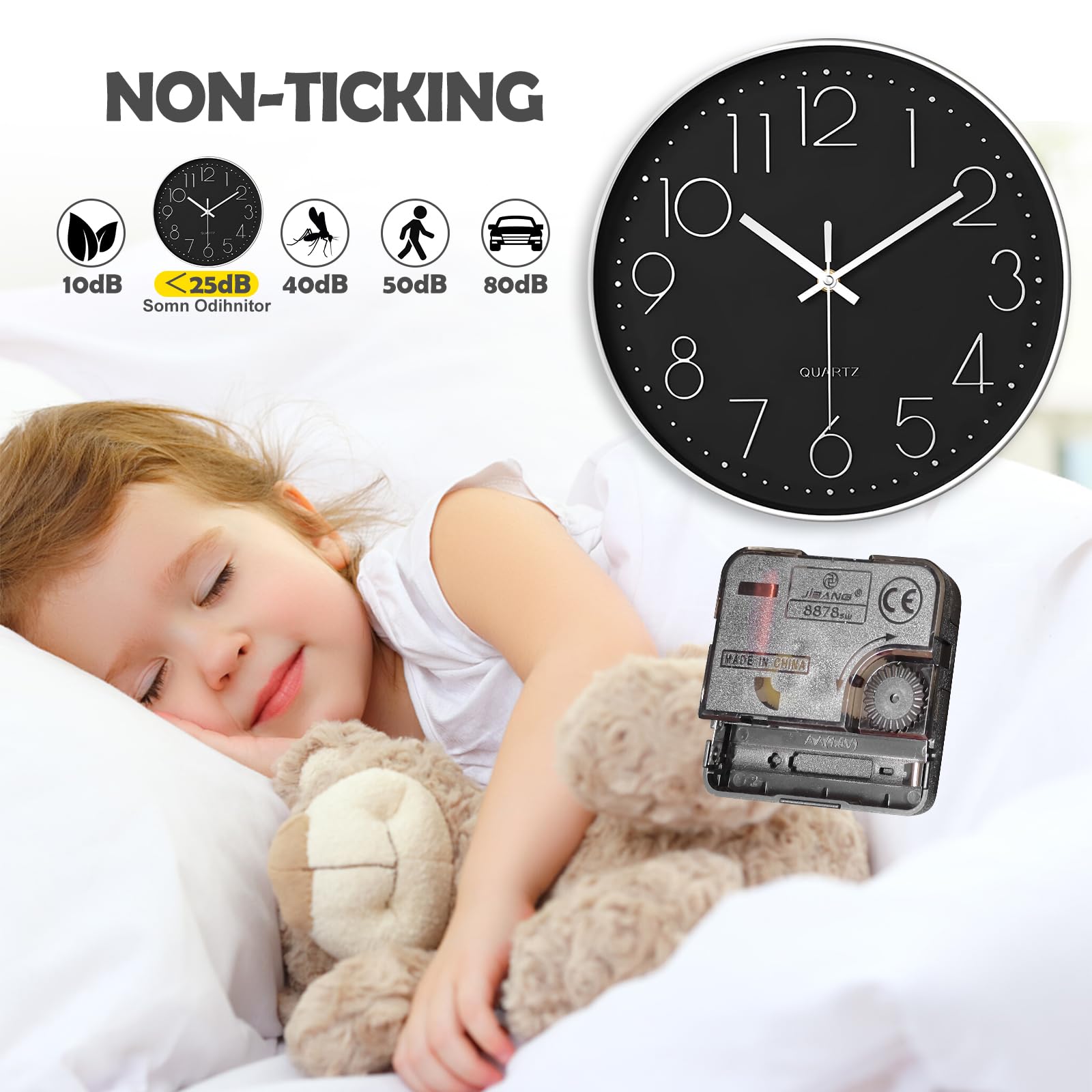 Horloge Murale Silencieuse 20 cm Ronde Décorative à Quartz pour Maison Cuisine Bureau