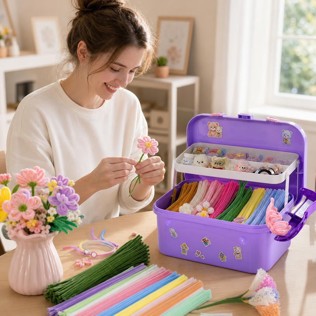 Amagogo Children Craft Material Chenille Stäbe Pfeifenputzer Basteldraht Plüschdraht Sanft Hautfreundlich Flexibel für Tiere Blumen Deko Projekte für Kindergruppen Kita Unterricht, style to 1