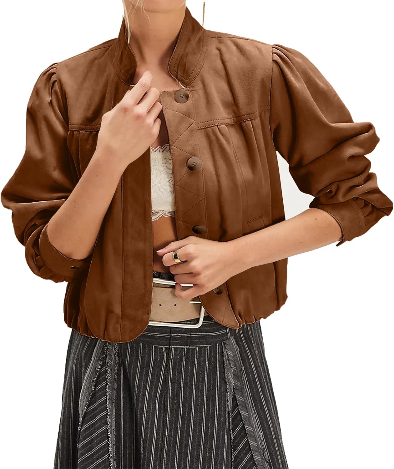 Womens Cropped Faux Suede Jacket Puffed Long Sleeve Stand Collar Button Down Pilot Jackets Coat - Image 5