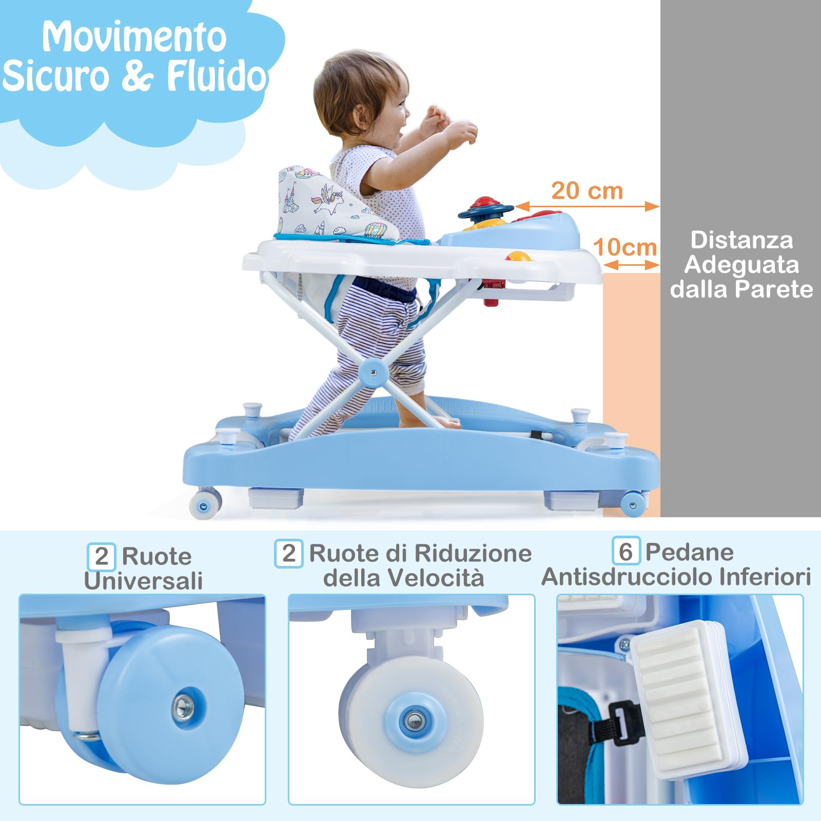 GYMAX Girello Convertibile 6 in 1 per Bambini, Girello Pieghevole con Ruote, Cavallo a Dondolo per Bambini con Pedana, Luci e Musica e Giocattoli, per Bambini di 7-14 Mesi (Blu)