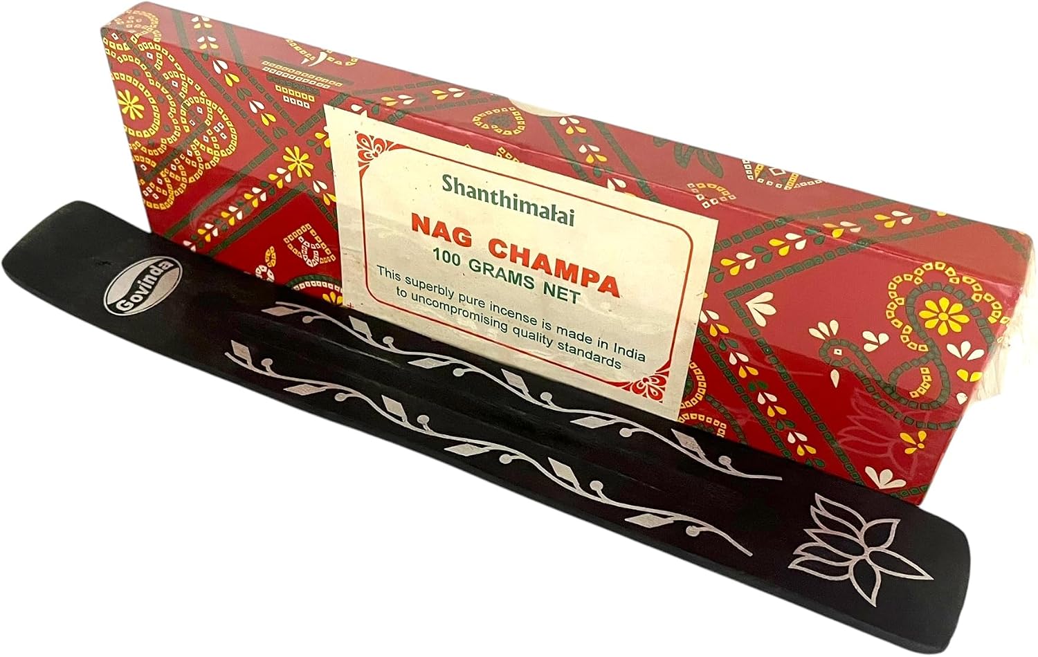 Govinda - Shanthimalai Red Nag Champa Argarbatti 100 Grams and Holder Bundle