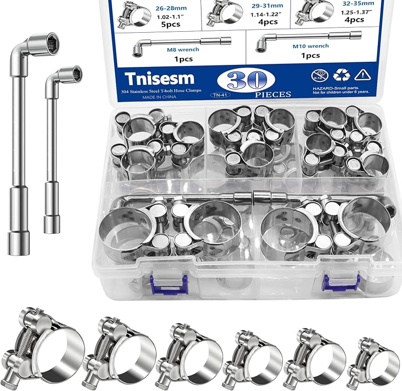 Kit de Abraçadeiras de Mangueira T-Bolt Tnisesm em Aço Inoxidável 304, 17–35 mm – 30 unidades