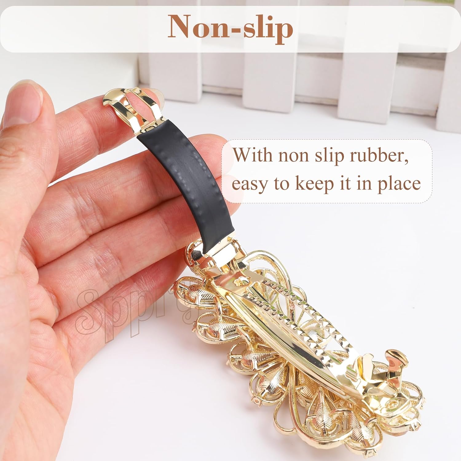 Large Gorgeous Rhinestone Hair Barrette for Women Thick Hair, Flower Jewelry Design (Champagne)