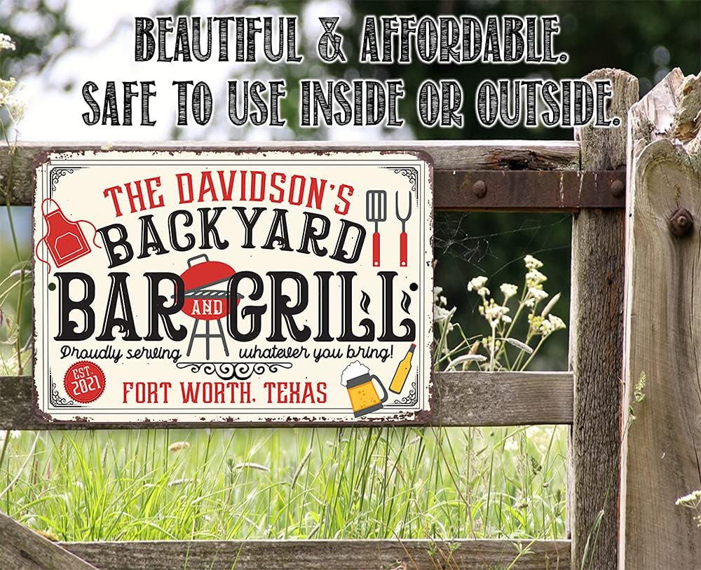 Backyard Signs - Personalized - Metal Sign - Indoor/Outdoor Patio Signs for Backyard - Funny Signs for Home Barbecue and Grill Decor, Bar Signs for Home Bar, Backyard Bar Patio Accessories