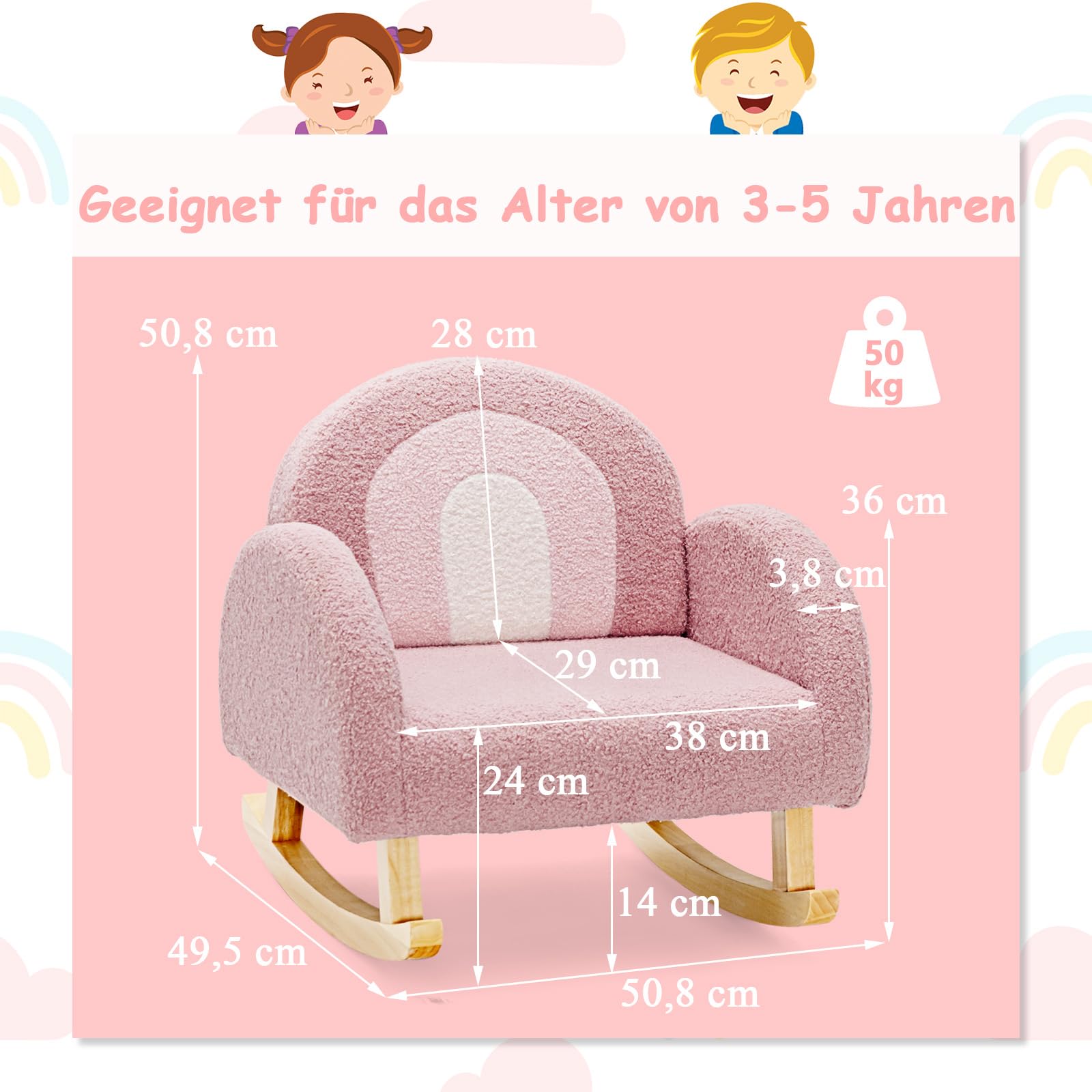 COSTWAY Kindersessel für Kleinkinder, gepolsterter Kindersofa Schaukelstuhl mit Massivholzbeinen, Schaukelsessel Kinderstuhl für Kinderzimmer, Spielzimmer & Kindergarten (Schaukelstuhl, Rosa)