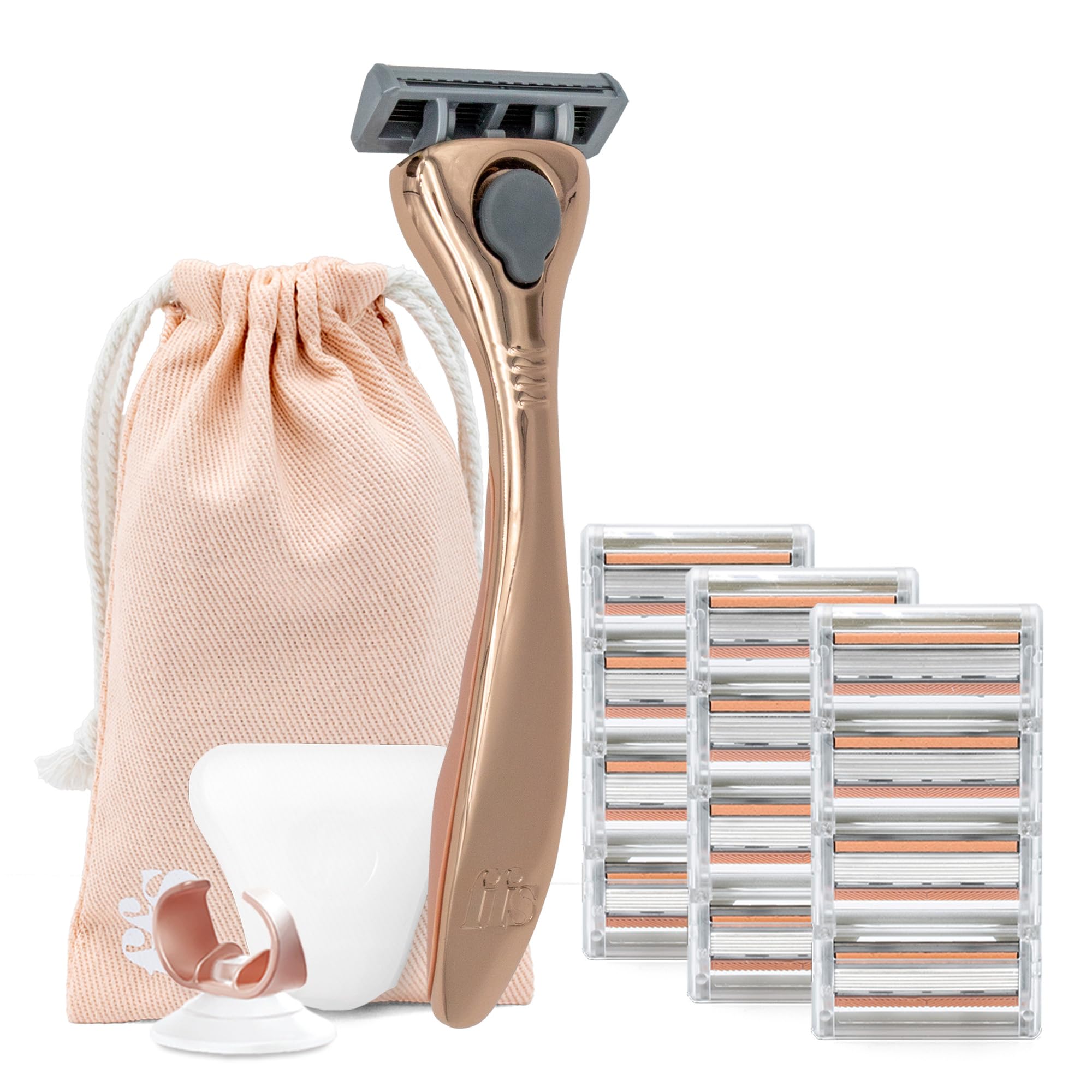 FFS Beauty Rose Set da barba per donna Fornitura da 3 a 6 mesi - Manico per rasoio rosa premium, 12 cartucce SmoothGlide a 6 lame, supporto doccia, custodia da viaggio, protezione a conchiglia