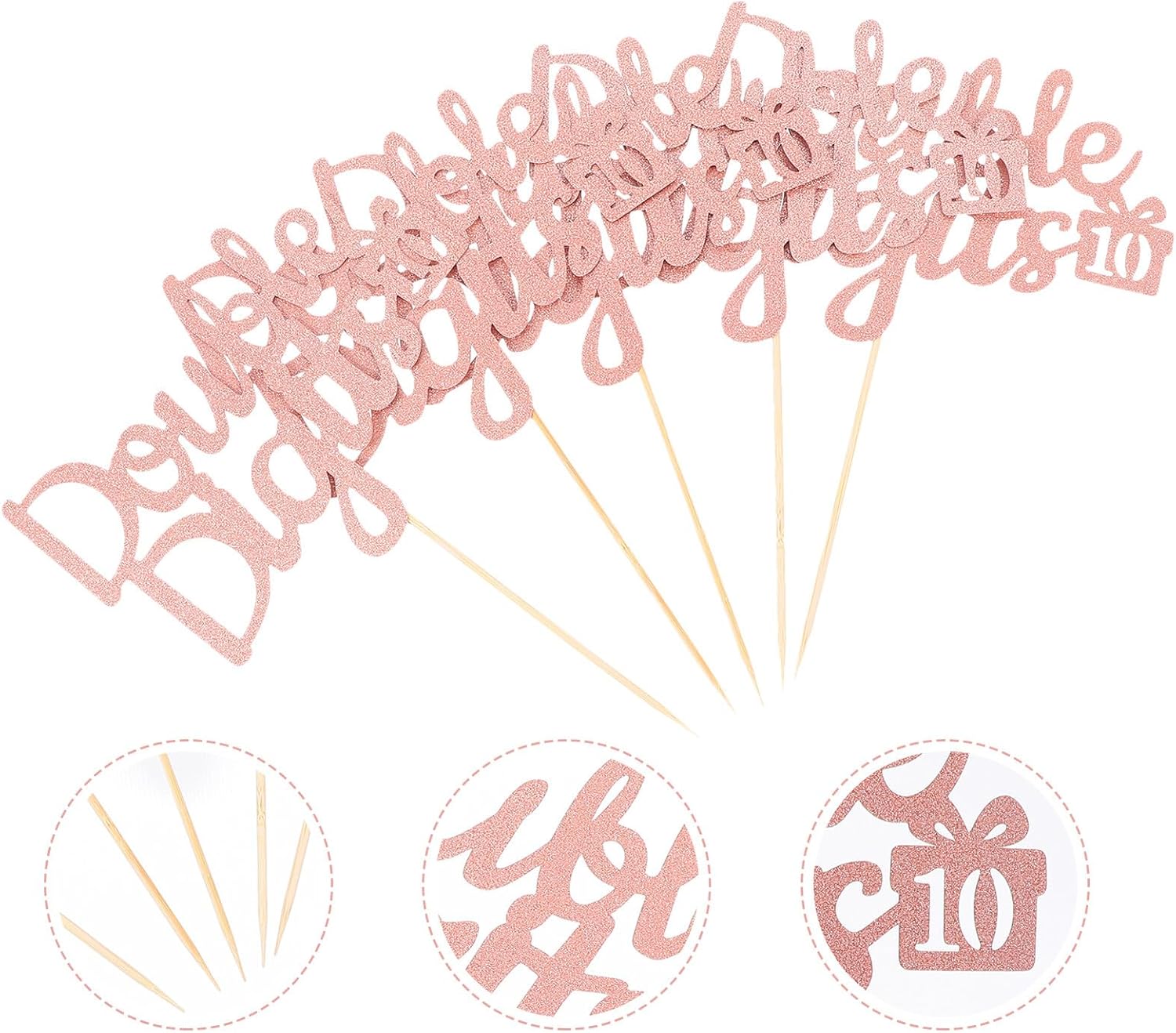 10th Birthday Cake Topper Double Digits Cake Inserts Rose Gold Non-edible Cupcake Toppers for Birthday Party Decoration 5pcs Set