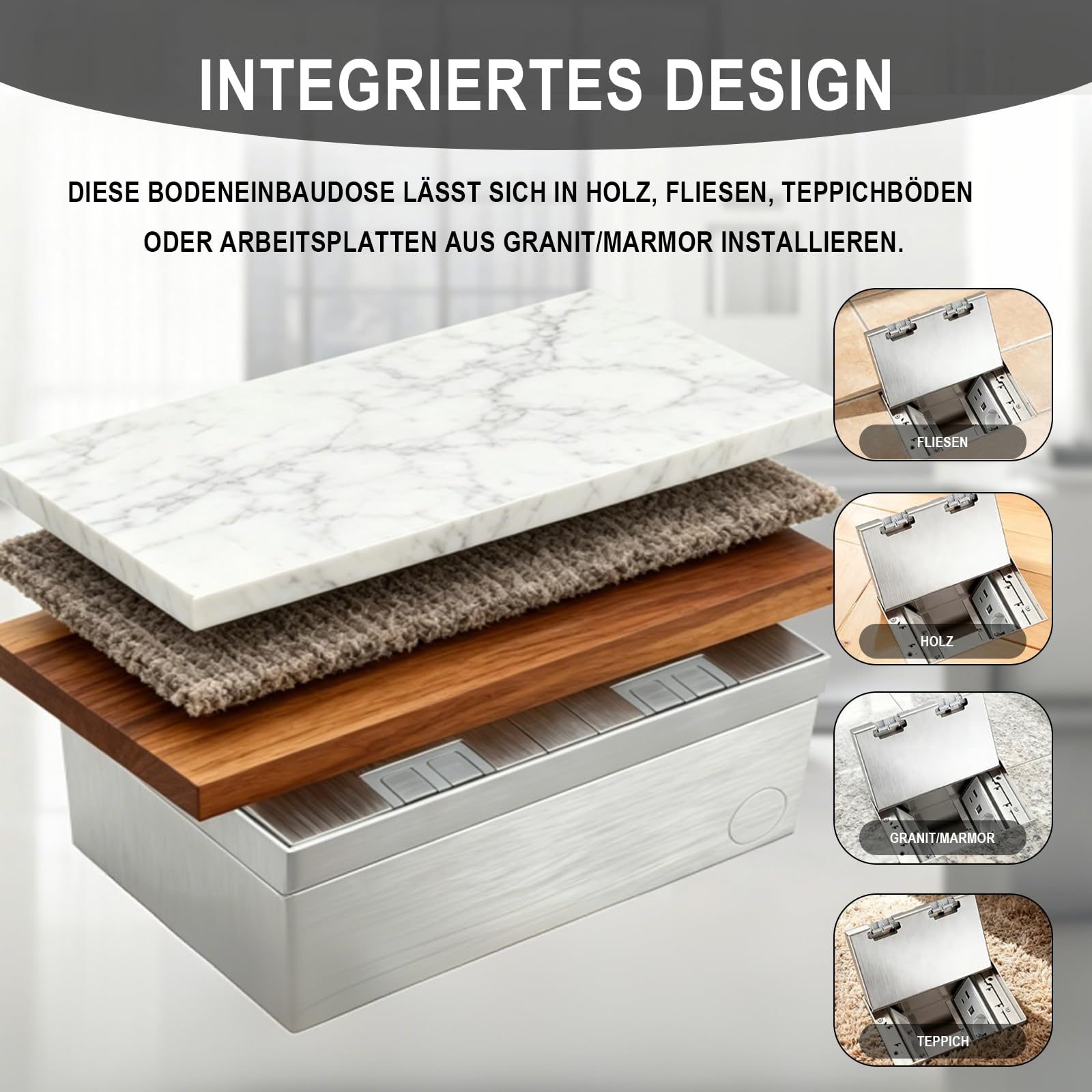 Versenkbare Bodensteckdose (20 x 13 x 6.5 cm)Einbausteckdose Bodensteckdose | Edelstahl Wasserdichte mit 3 Steckdosen 2 Netzwerkkabelanschlüsse für Küche Wohnzimmer Büro und geschützten Außenbereich