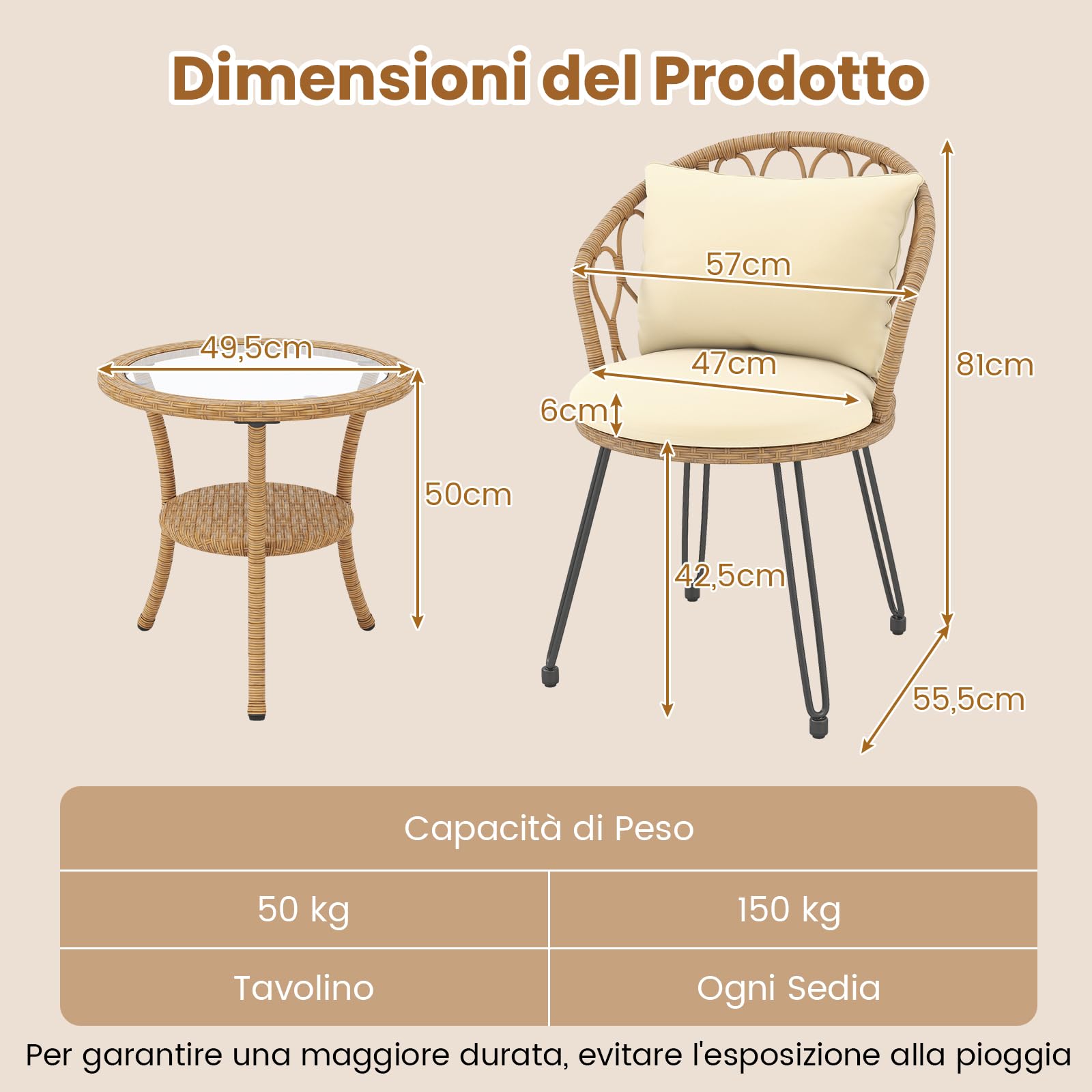 COSTWAY Set da Bistrò in PE Rattan 3 Pezzi con Cuscini e Tavolino in Vetro Temperato