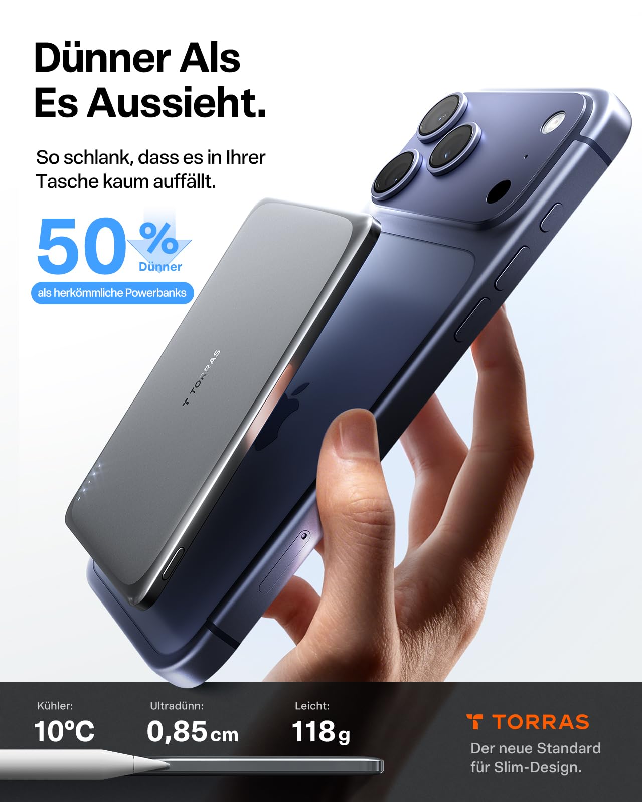 TORRAS MiniMag Pro Powerbank für MagSafe, 5000mAh Magnetische Akku, Grau | Ultra Slim Semi-Solid-State 20W USB-C Schnellladen Magnetisch Externe Akkupack Portable Klein, für iPhone 17/16/15 & Reise