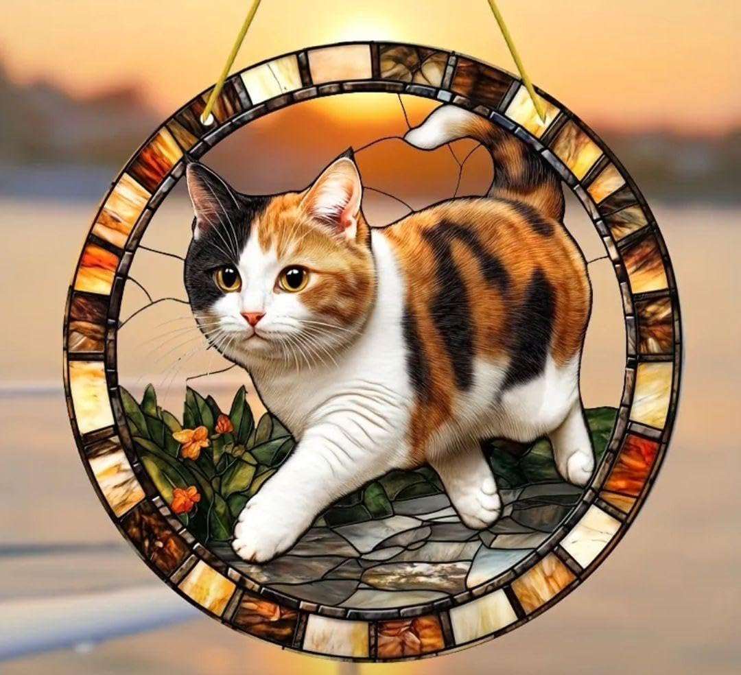Amazon.co.jp: ステンドグラス風壁掛け 猫 三毛 ミケ サンキャッチャー